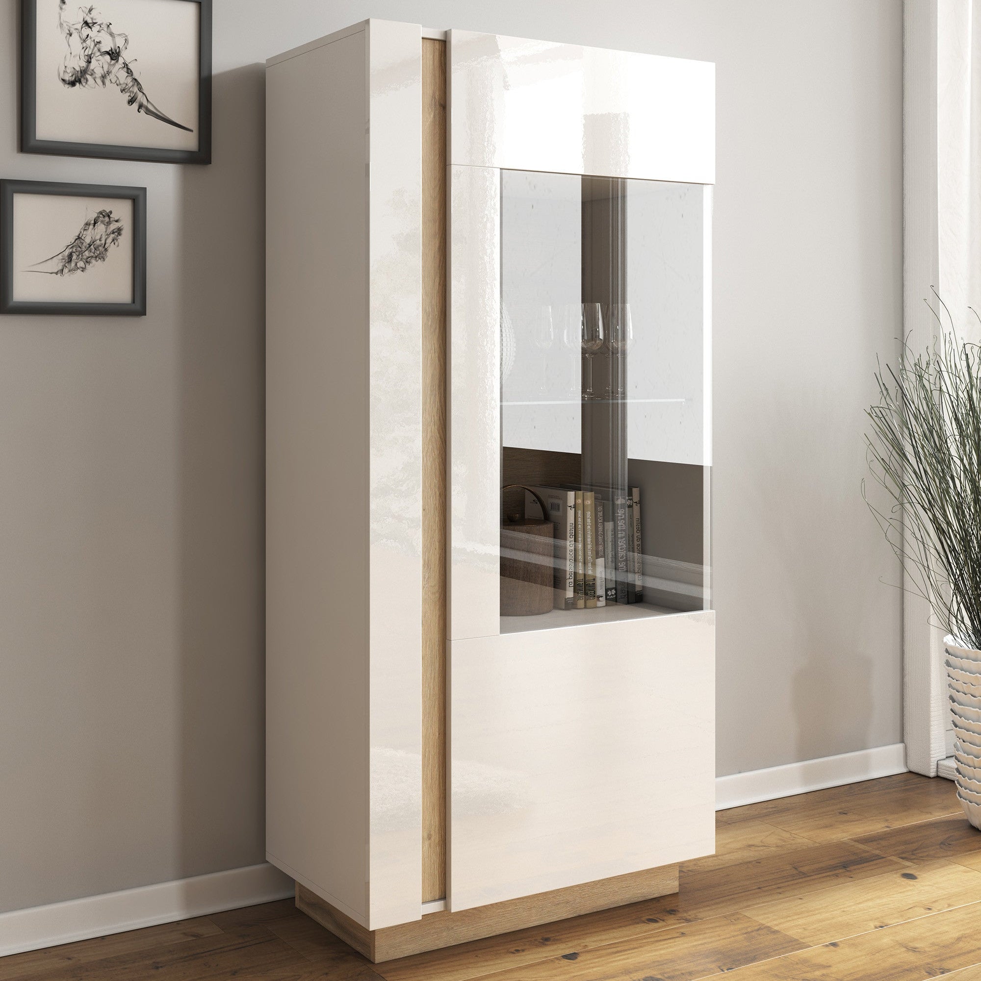 Ashley - Vitrinekast - Wit/eiken - 72x40x154 cm