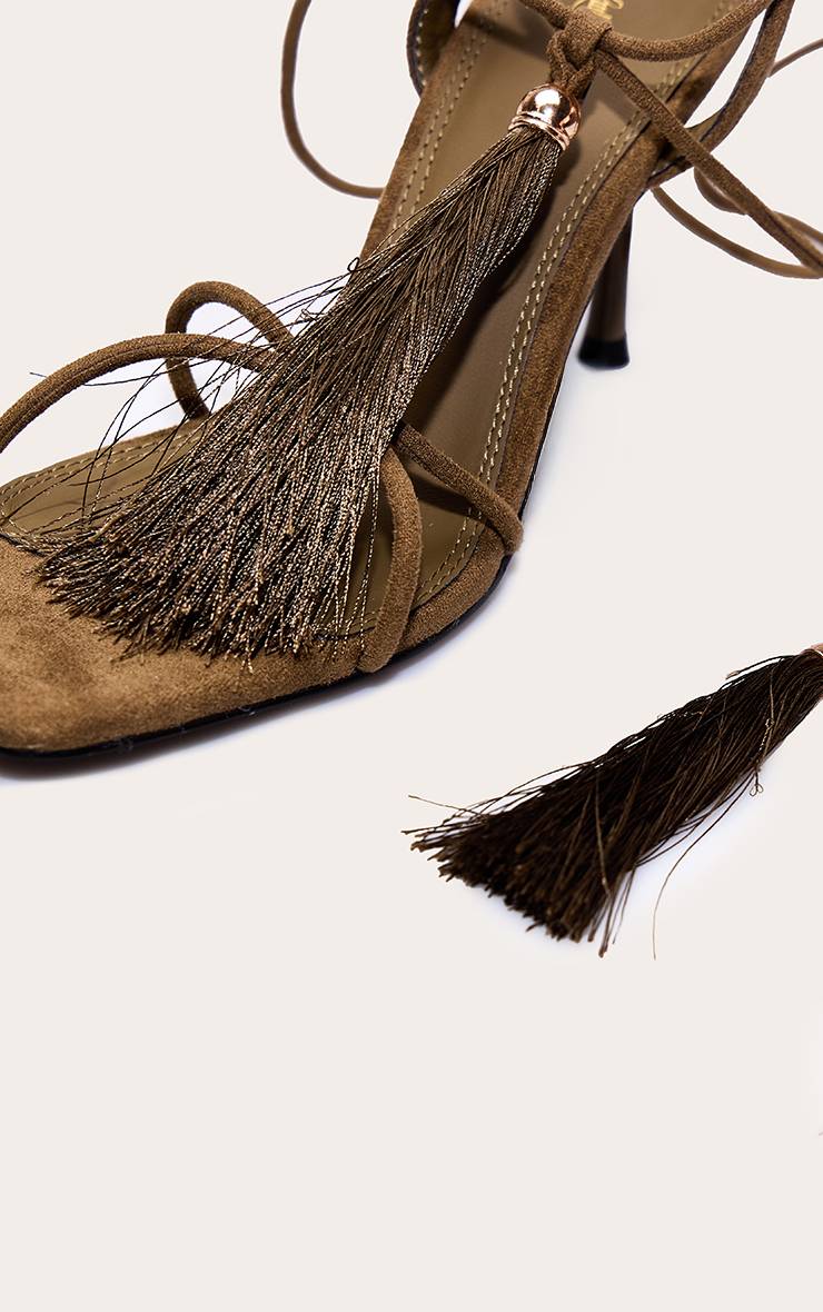 Vert Olive Sandales À Talons À Brides Avec Détails De Franges En Synthétique