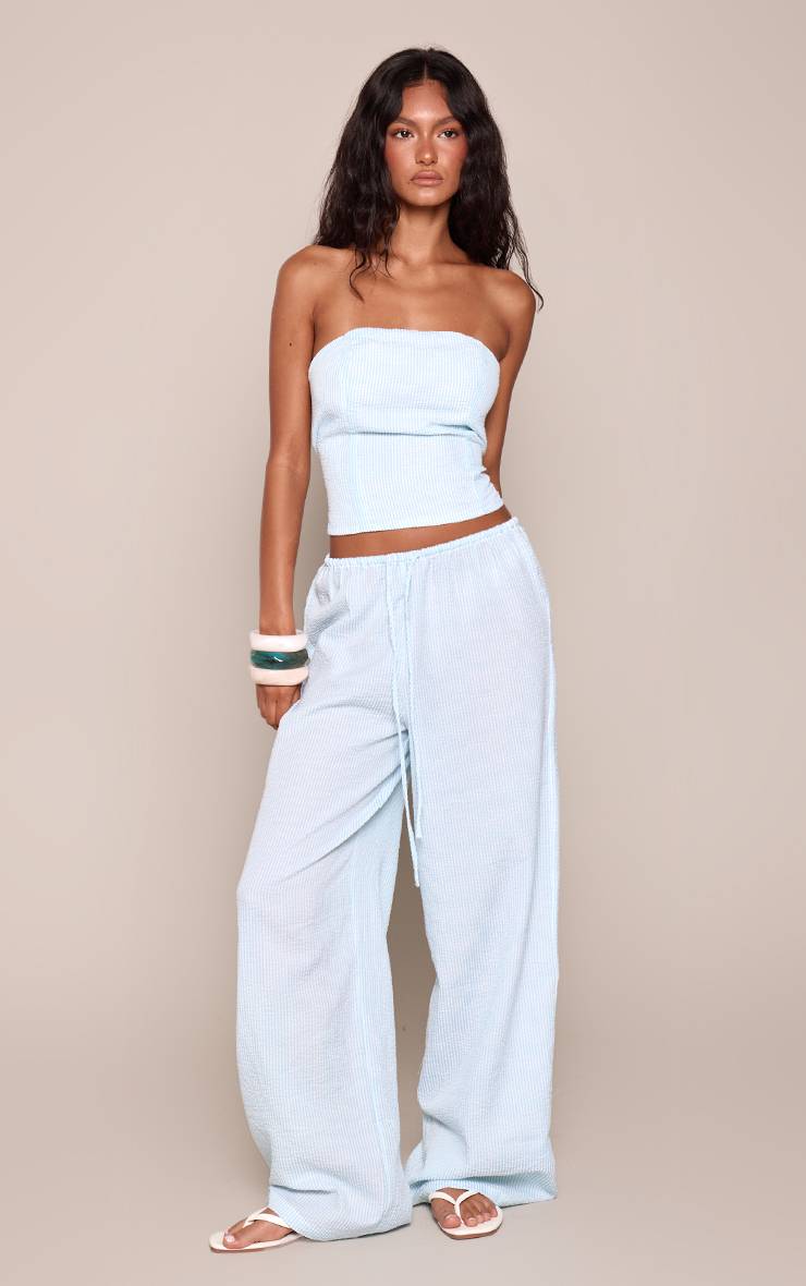 Bleu Pantalon À Rayures Fines Avec Taille Élastiquée Coordonné