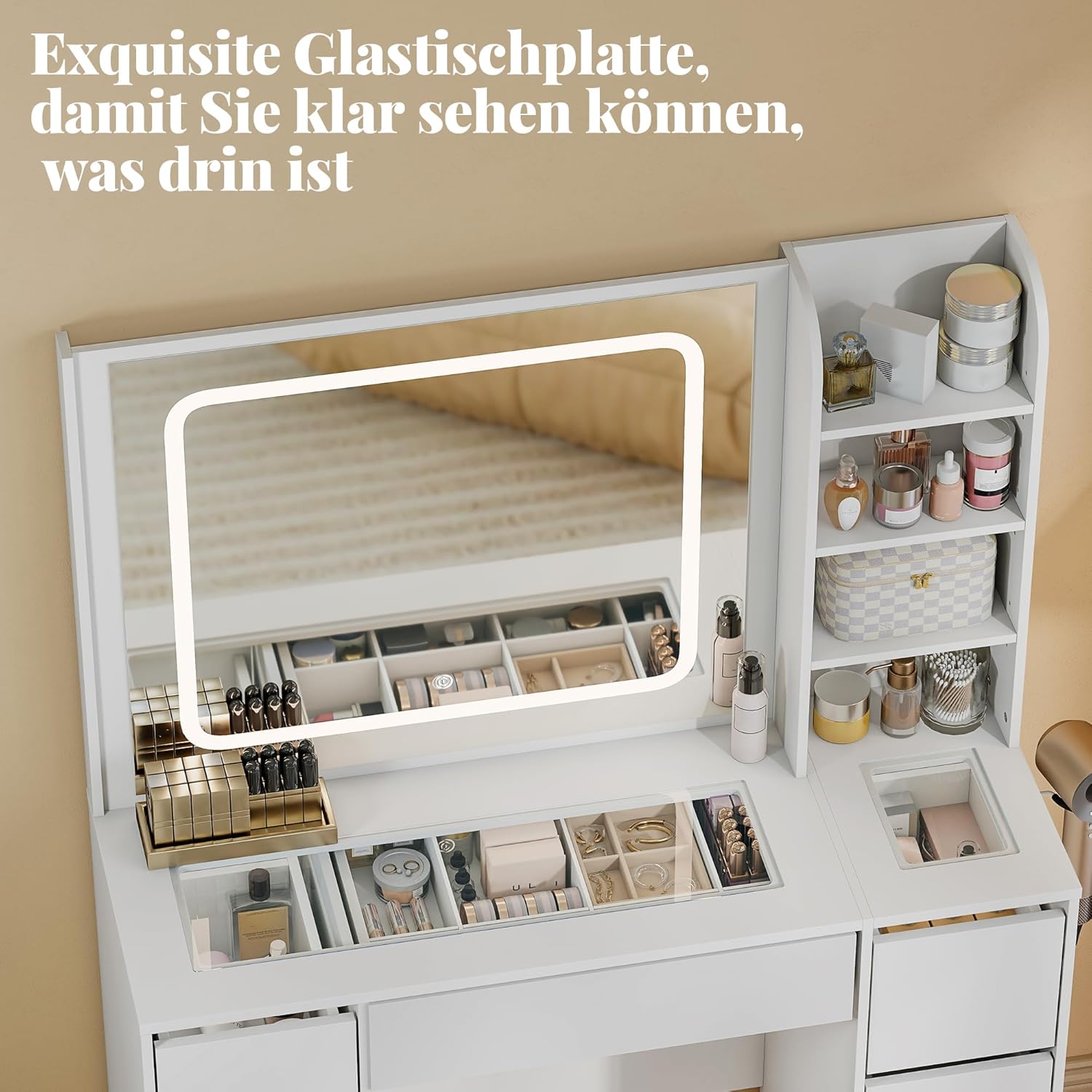 yeshine Schminktisch mit Beleuchtung, 105X39.8X140CM, Modern Makeuptisch mit großem Spiegel, Groß Dressing Table mit Schubladen, mit Steckdose, Weiß
