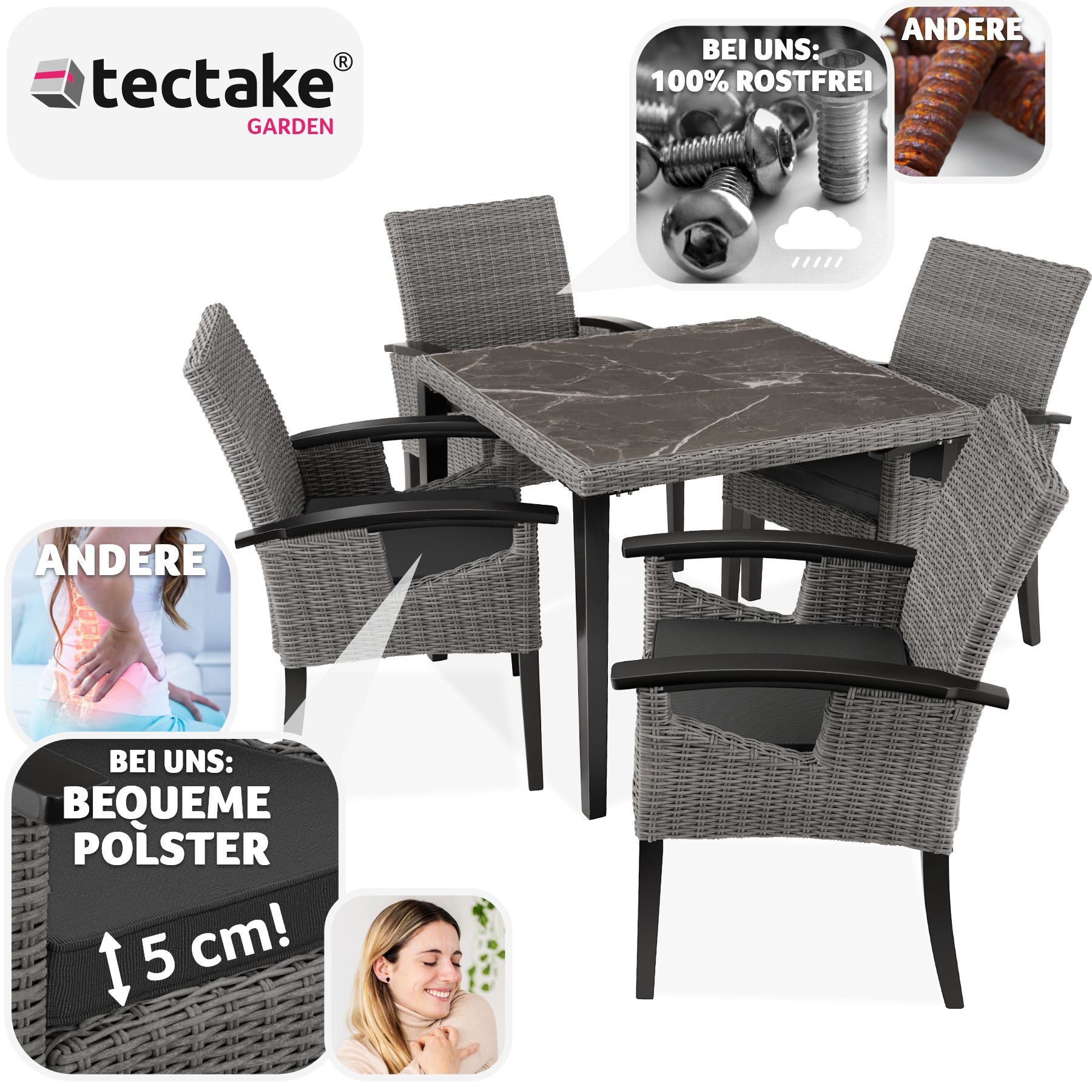 tectake® Rattan Tisch Tarent mit 4 Stühlen Rosarno, mit Holzgestellen, wetterfest und UV-beständig, Armlehnen und Füße aus Holz
