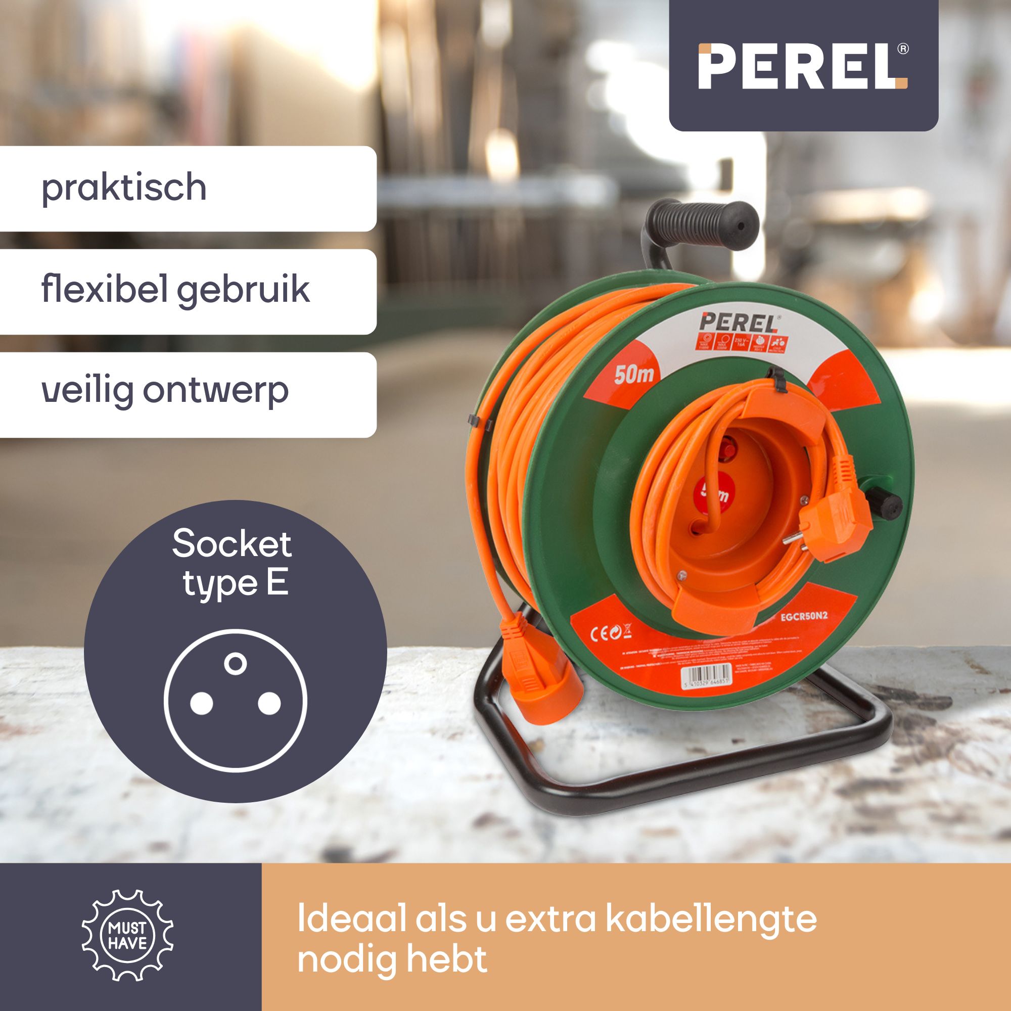 Perel EGCR50N2 1-voudige kabelhaspel - 50 meter