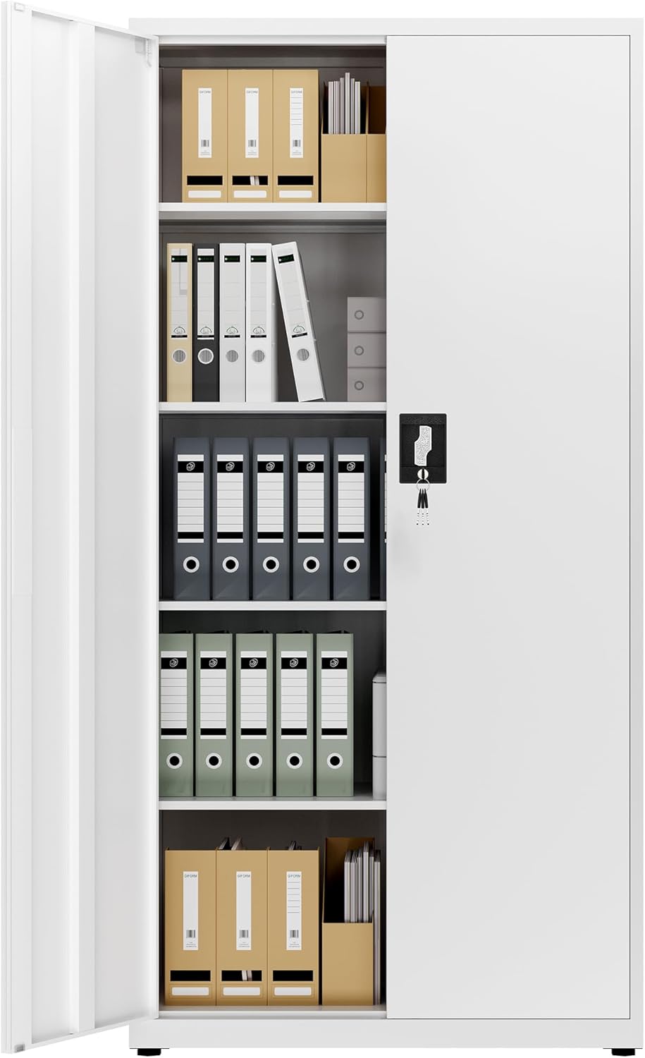 LAND·VOI Stahlschrank 5 Ebenen mit Schloss verstellbare Einlegeböden Doppeltüren Aktenschrank Werkzeugschrank für Büro Garage Haushalt Werkstatt 80x40x181.5 cm weiß