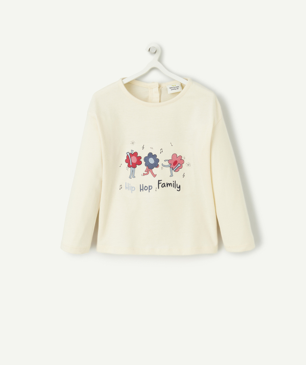 T-SHIRT MANCHES LONGUES BÉBÉ FILLE EN COTON BIOLOGIQUE ÉCRU AVEC DÉTAILS BRODÉS