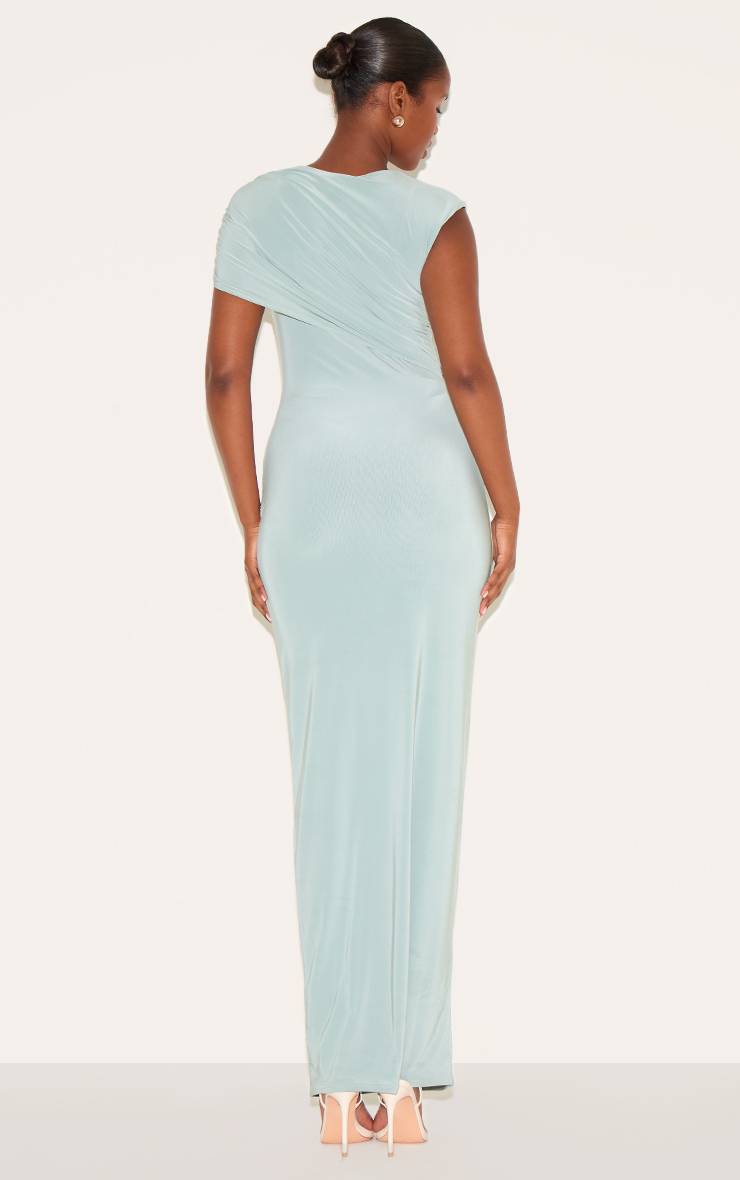 Vert Sauge Robe Longue Drapée À Épaules Dénudées Double Couche En Tissu Soyeux