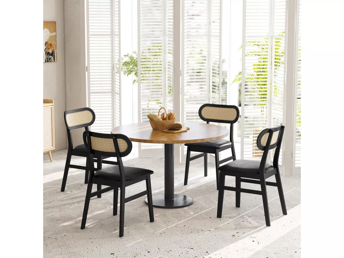 Chaise Salle a Manger Lot de 2, Chaise Salle a Manger Bois d'Hévéa, Dossier Rotin Cannage, Siège Rembourré en Similicuir, Chaise en Bois Salle a Manger pour Salon, Cuisine (Noir)