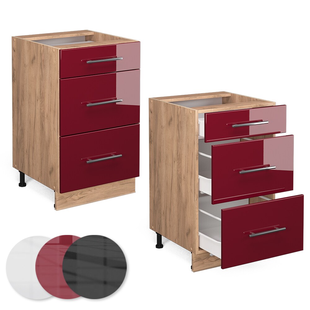 Vicco Schubunterschrank Küchenschrank Küchenmöbel Fame-Line Eiche Rot Bordeaux modern 50 cm Küche Einbauküche Drehtür Blende Küchenzeile Hochglanz