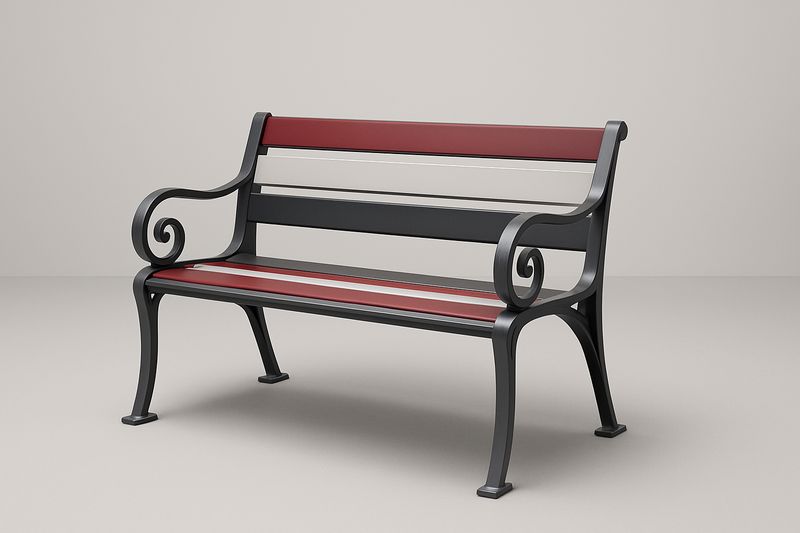 Parkbank aus Massivholz mit Stahlrahmen, Länge150 cm, Schwarz/Rot