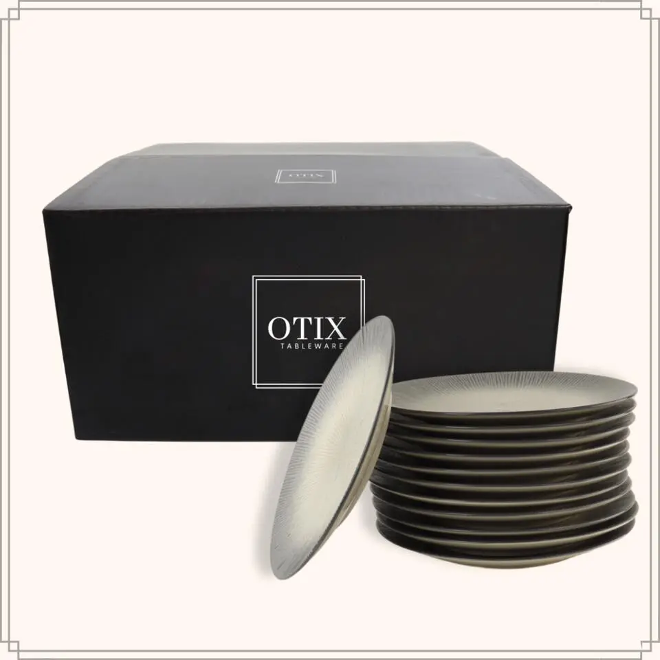 OTIX Dessert Ontbijt Bordenset 12 Persoons Zwart Taupe 21cm Keramiek TULIP
