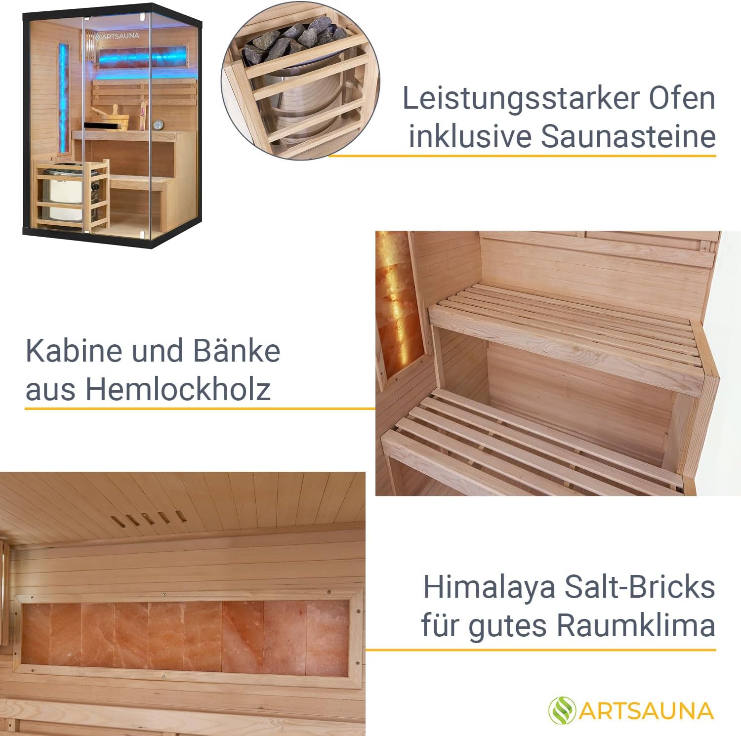 Artsauna Saunakabine Vantaa 120 mit Salzstein - Indoor Sauna 2 Personen - 3,5k W Ofen, Glasfront, LED Licht, Thermometer & Sanduhr - Komplett Set