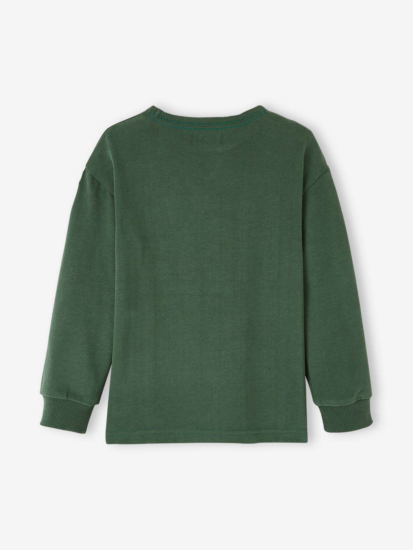 Camiseta com mensagem, tecido atoalhado, verde-escuro liso, estampa infantil.