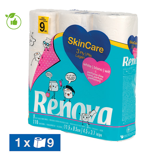 Papier toilette Renova Skincare 3 épaisseurs, lot de 9 rouleaux