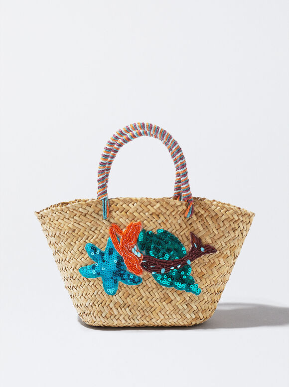Bolsa de palha com miçangas e lantejoulas - Crua