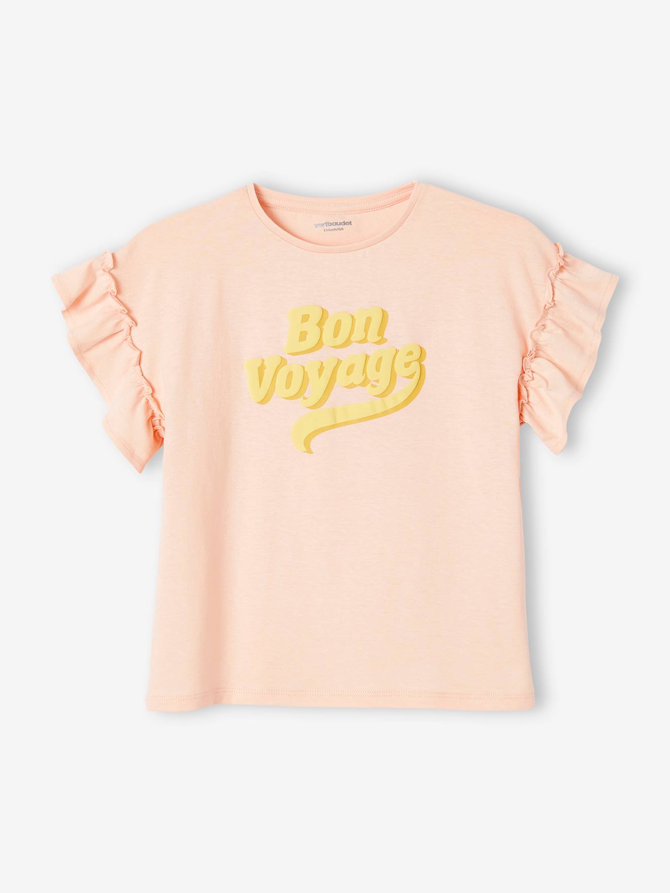 Camiseta infantil rosa claro com mensagem em relevo e mangas curtas com babados.