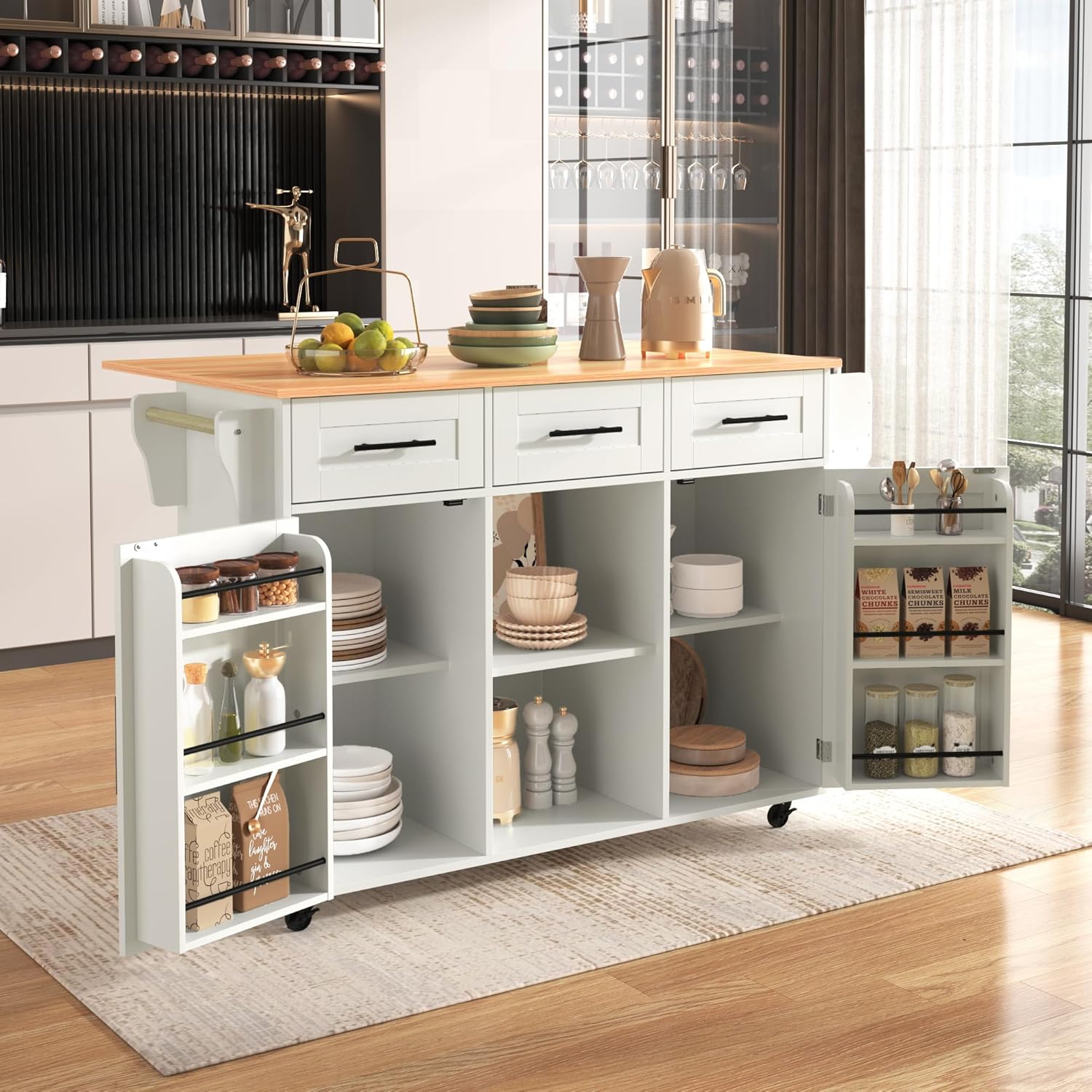 Küchenschrank mit Klappbarer Arbeitsplatte ,Kücheninsel freistehend auf 5 Rollen und 3 Schubladen Mobiler Sideboard Storage küchenschränke für Küche und Esszimmer 139x46(71) x91,5 cm(Weiß)