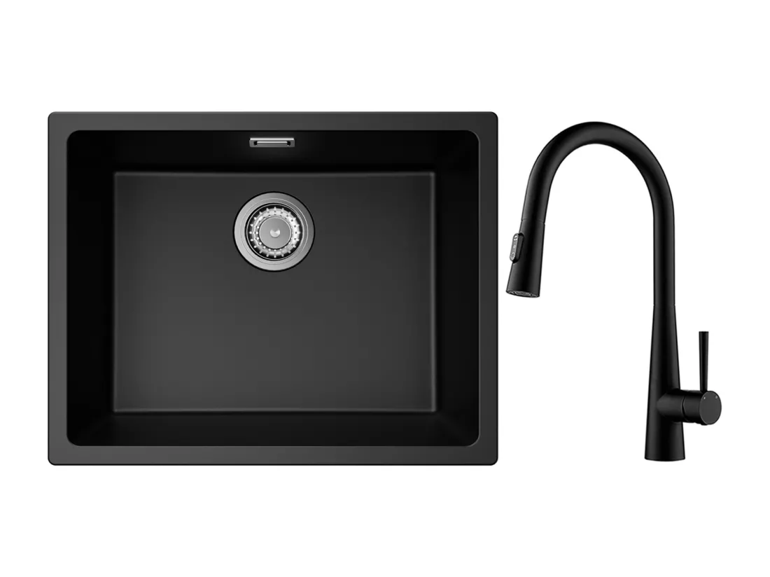 CECIPA MAX Evier 1 Bac en Quartz et Résine Noir Gris 55*44*20cm + Mitigeur de Cuisine avec Douchette Extractible Avec 3 Modes de Sortie D'eau Noir