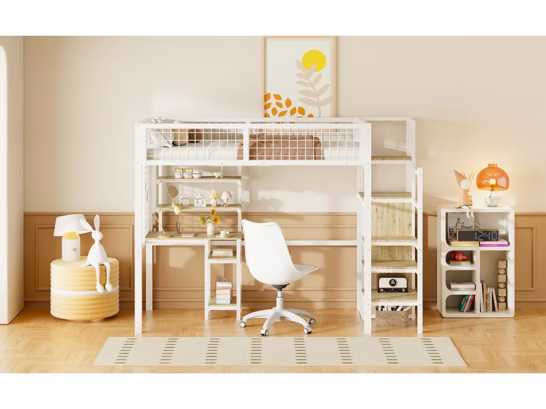 Lit mezzanine 90 x 200 cm avec bureau, penderie et étagères et rangements - Métal + bois MDF - Blanc
