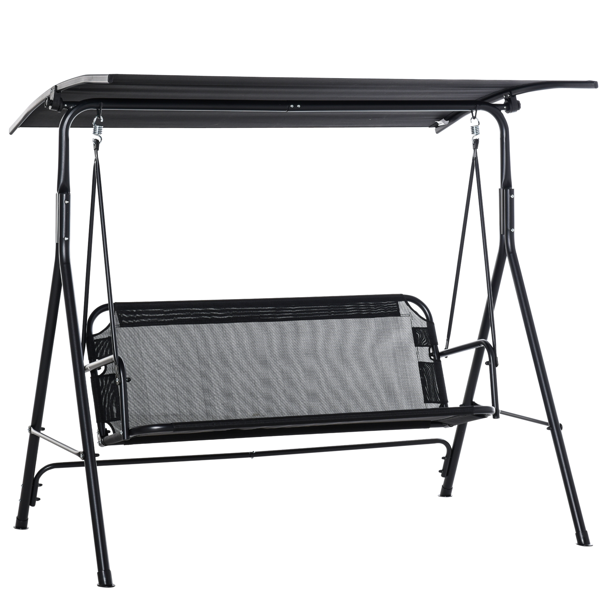 Cadeira de balanço de jardim Outsunny para 2 pessoas com cobertura ajustável em ângulo, ideal para pátio, varanda e uso externo. Capacidade de carga de 200 kg, dimensões: 172 x 110 x 155 cm, cor preta.