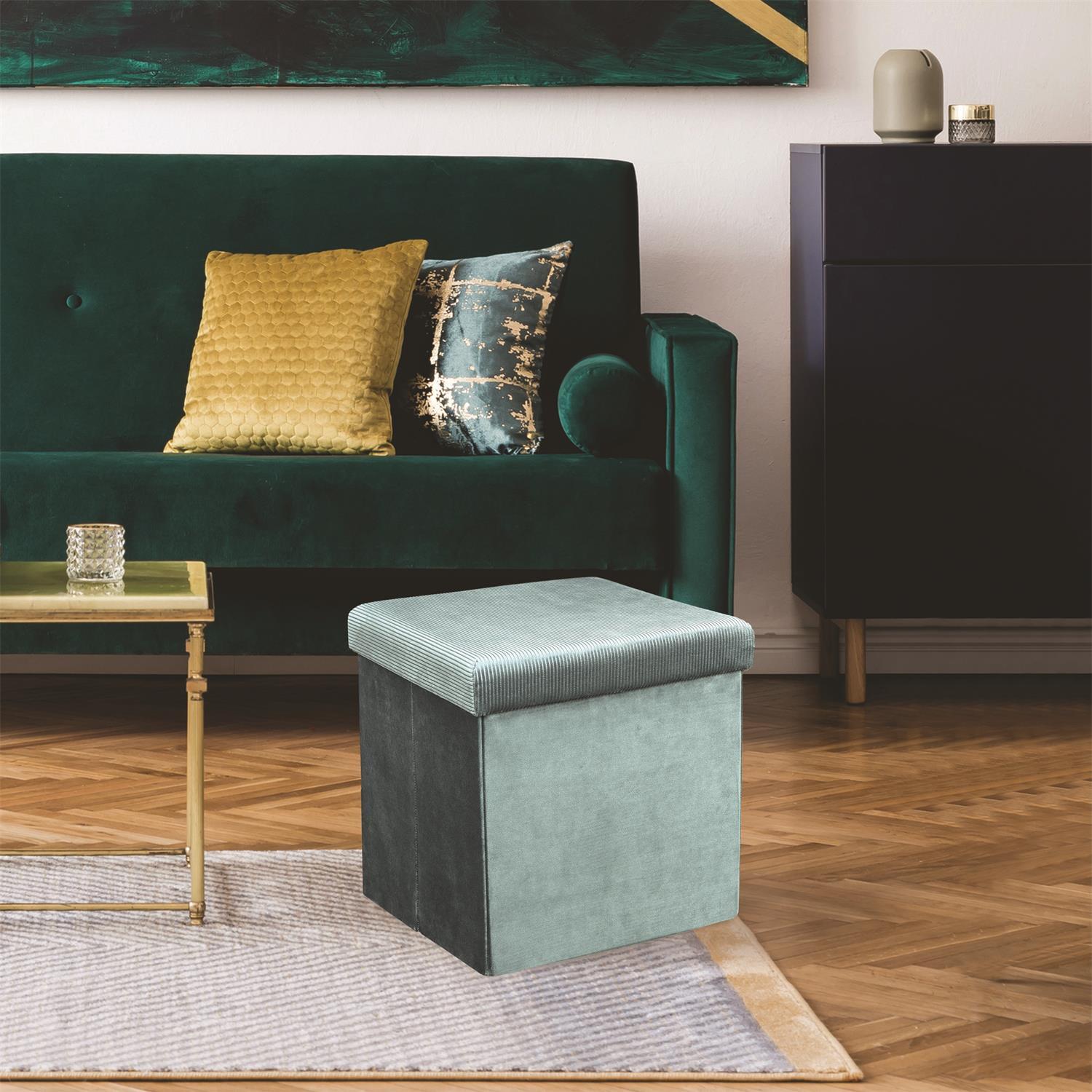 COFFRE POUF PLIABLE VELOURS COTELE GIULIA BLEU
