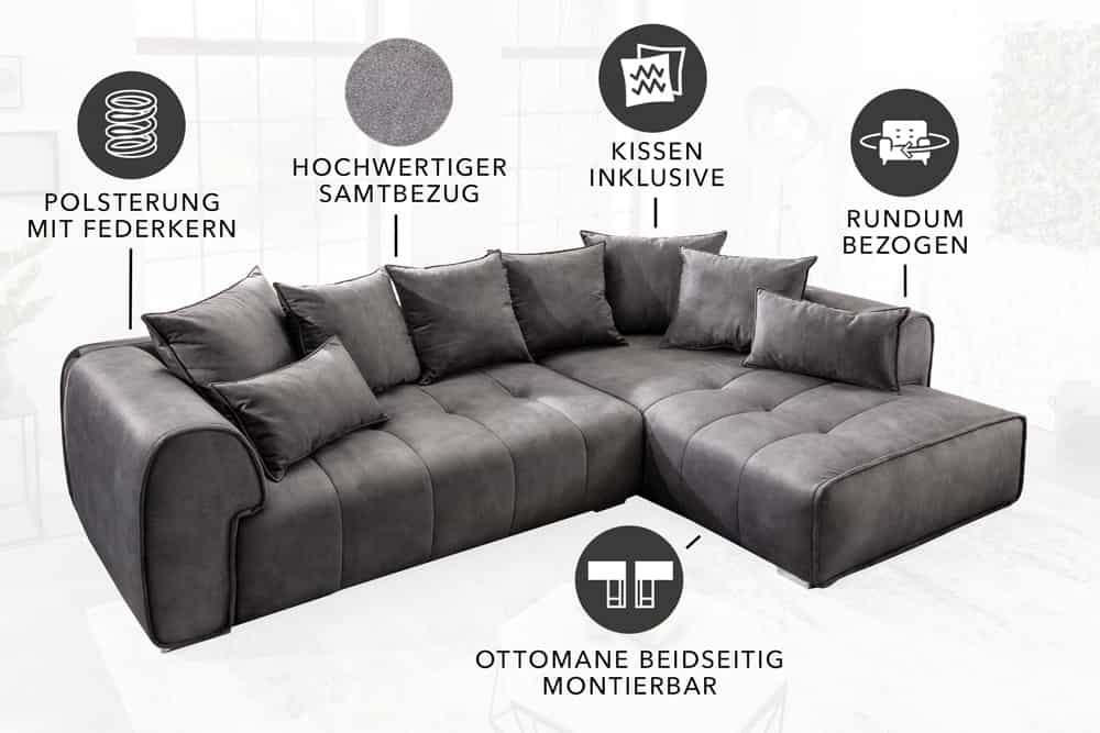 Modernes XXL Ecksofa CLAN 320cm anthrazit Samt Bigsofa inkl. Kissen