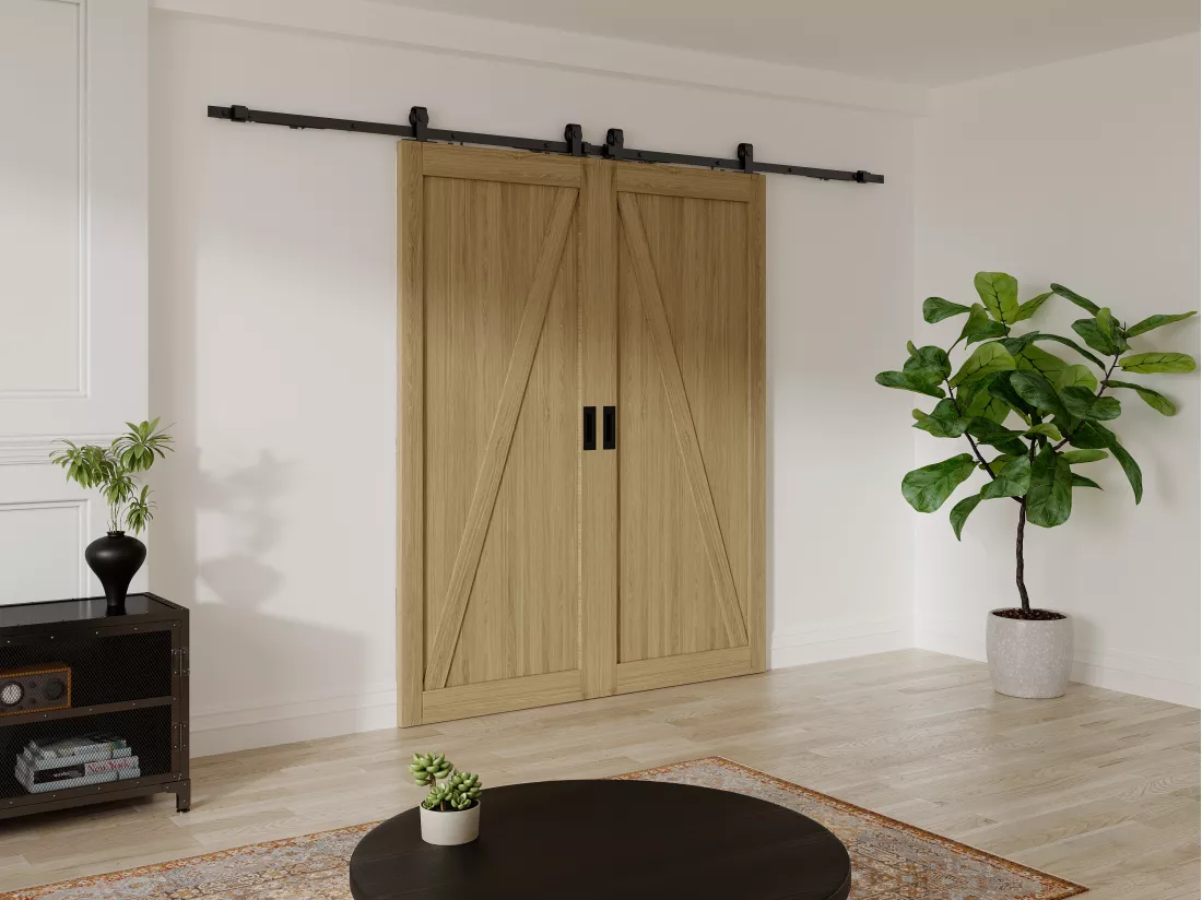 Porte coulissante double avec système en applique en bois et MDF - Naturel clair - 2 x H205 x L83 cm - BALERMA
