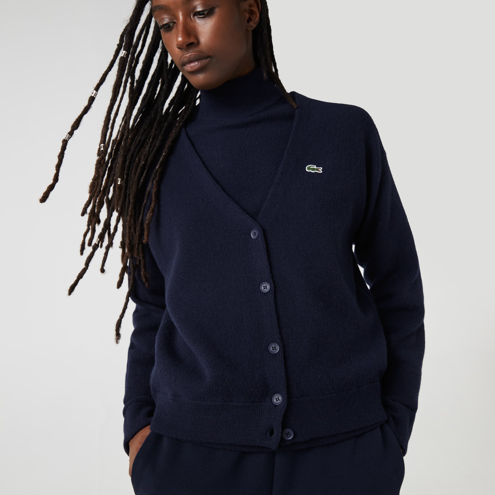Cardigan femme Lacoste col en V en laine Pullovers - Bleu - Lacoste - Femme