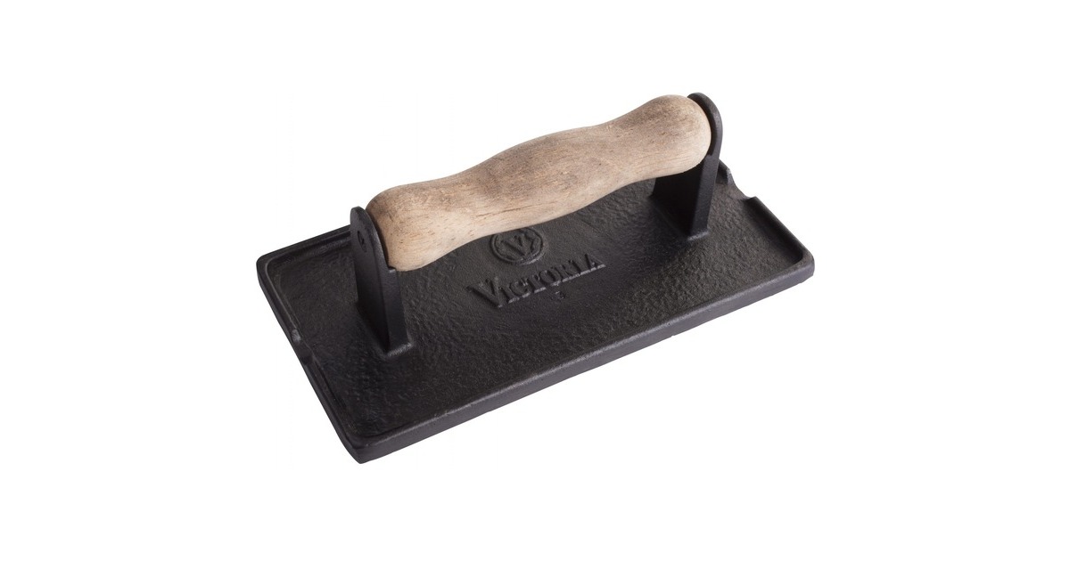 VictoriaGietijzeren bacon en vlees pers met houten handvat, seasoned  (21 x 11 cm)