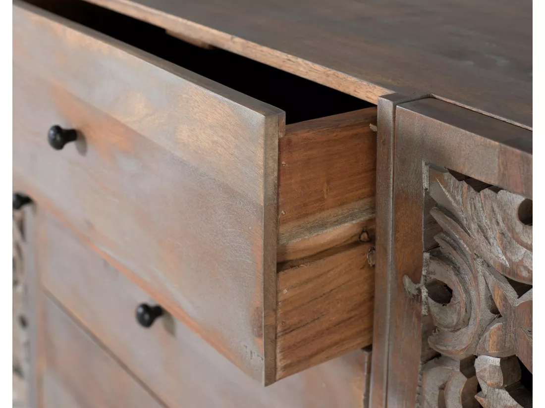 Buffet en bois de manguier avec deux portes latérales sculptées à la main