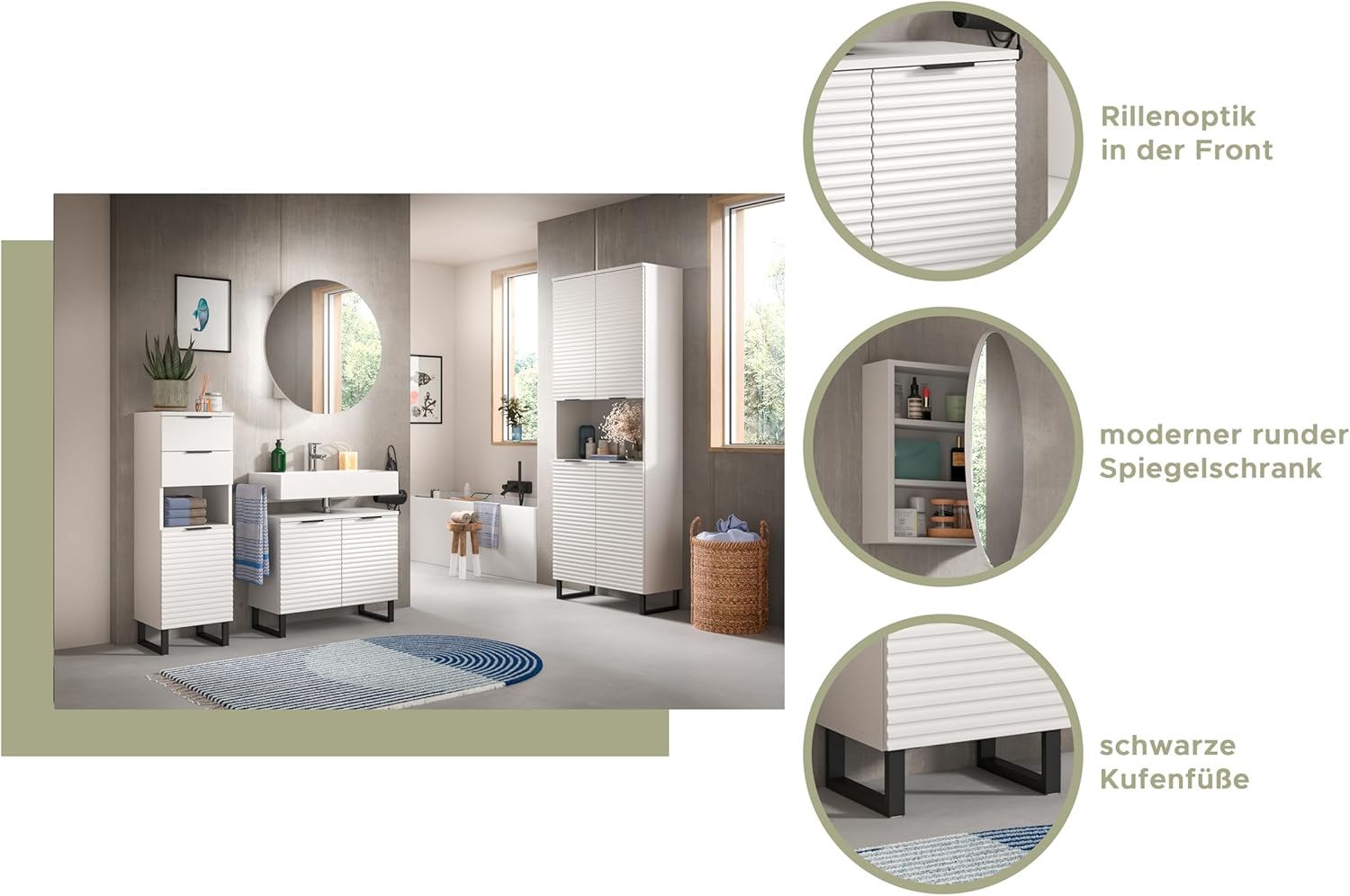 xonox.home Badezimmer Riff 2tlg. Kombination Badmöbel Set kleine Bäder Komplettprogramm Bademöbel-Set in weiß Waschbeckenunterschrank Spiegelschrank rund