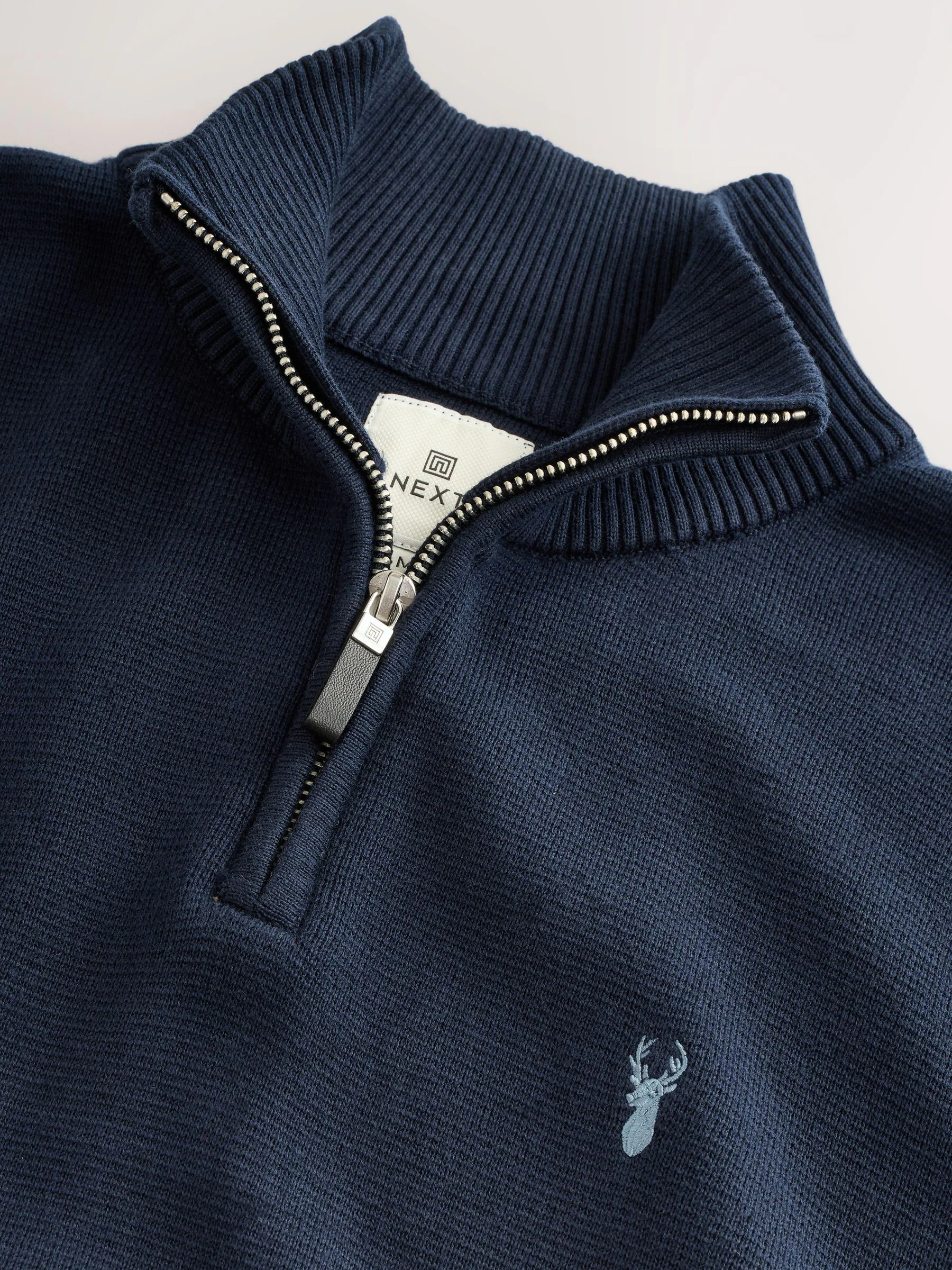 Marineblauw met hert - Hertlogo - Regular fit 100% katoenen premium trui met korte rits