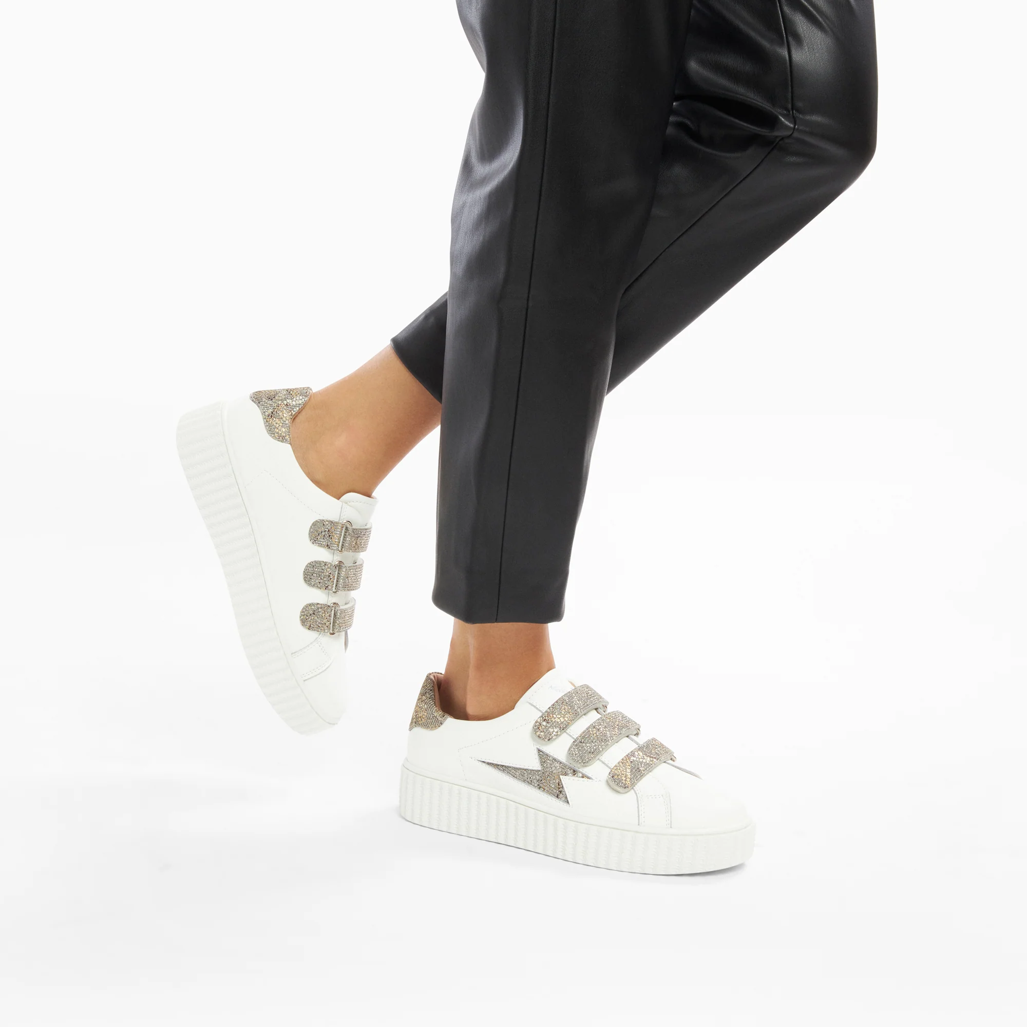 Sneakers-Baskets éclair Jane blanches en cuir à scratchs anthracite