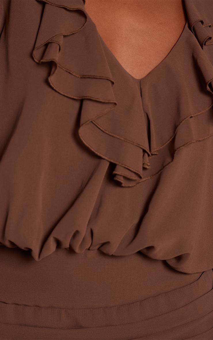 Chocolat Robe Mini En Mousseline À Manches Longues Et Volants