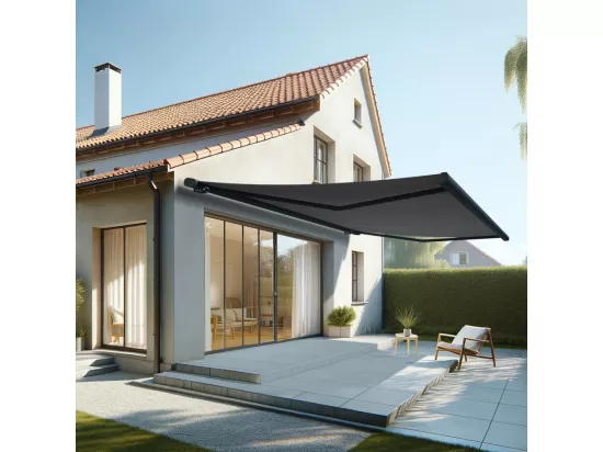 Store banne coffre MEEL 6,00x3,50m (Motorisé Secours à Télécommande + LED - Gris Graphite - Gris anthracite)