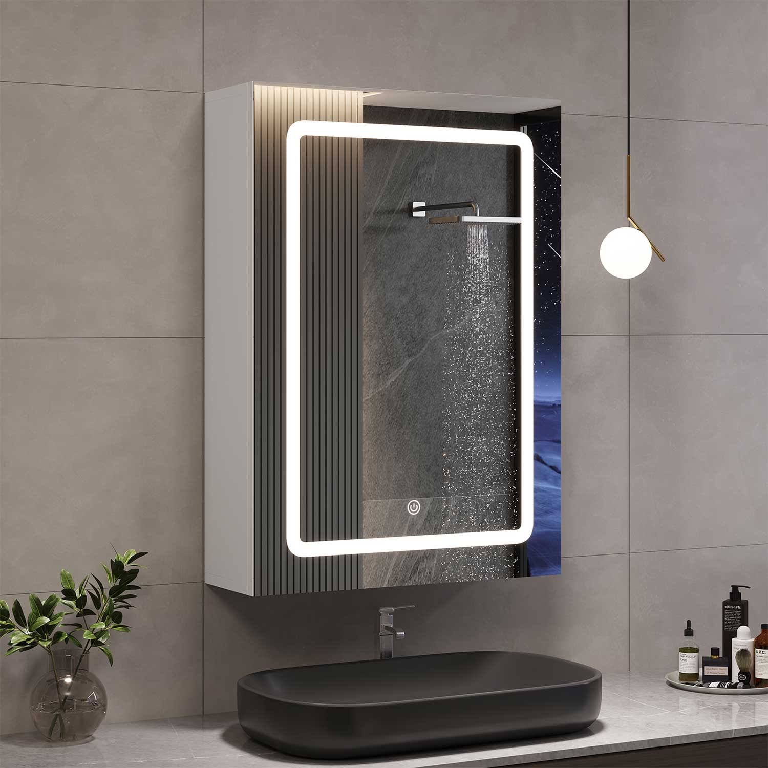 SIKAIC Hängeschränke Badezimmermöbel 50 cm Einzeltür Spiegelschrank Bad mit LED Beleuchtung mit Einstellbar Ablage Weiß / Holzwerkstoff / Modern