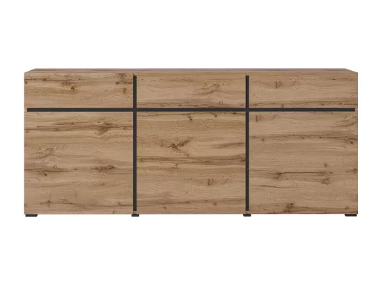 Buffet coloris chêne et noir 180cm collection HAVANA. Bahut design avec 3 portes et 3 tiroirs.