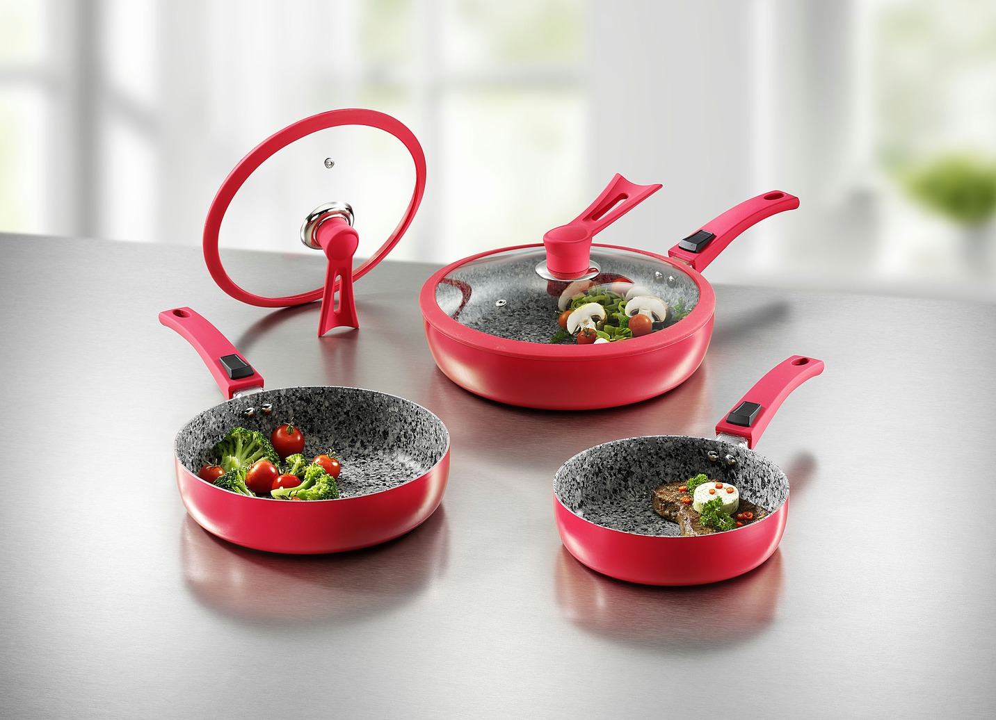 Profi-Pfannen-Set, 7-teilig, mit innovativen Standdeckeln