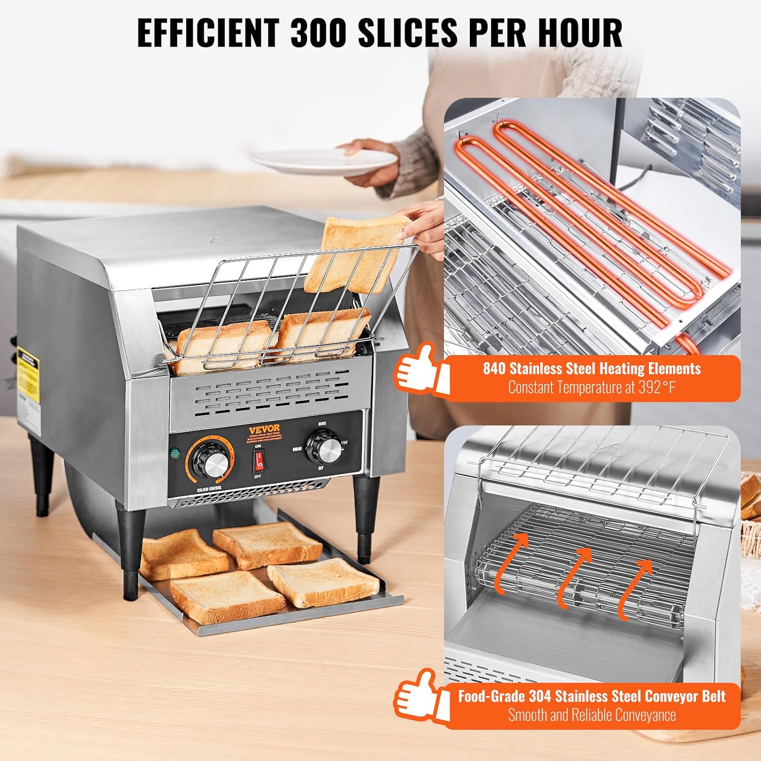 VEVOR Grille-Pain à Convoyeur Commercial 300 Tranche par Heure Toaster Grille Pain Inox 2200 W 7 Réglages de Vitesses avec Ramasse-Miettes pour Petit Pain Bagel Hamburger Boulangerie Restaurant Hôtel
