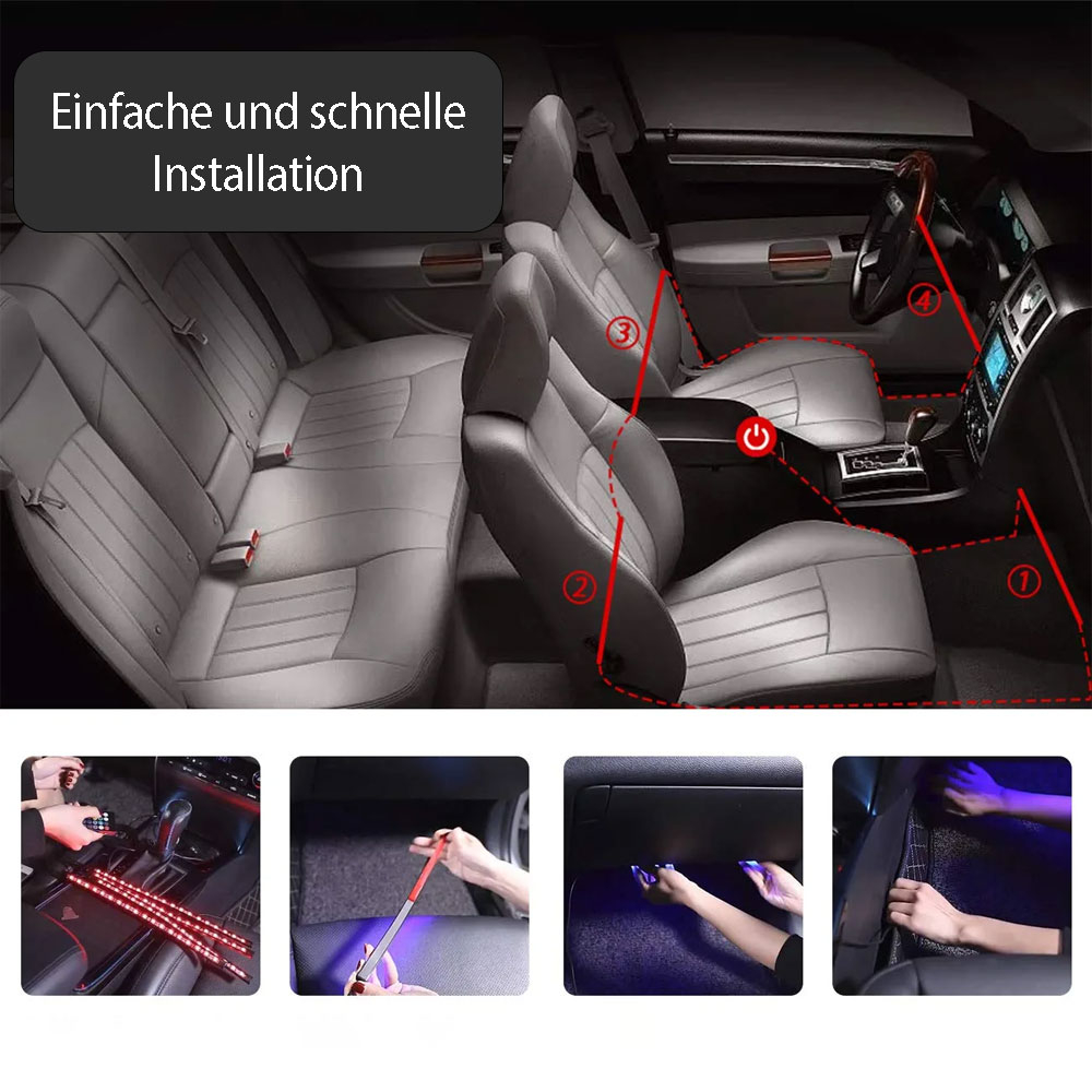 (4er Set) 48 LEDs Auto Licht Streifen RGB Fussraumbeleuchtung für KFZ Innenraum mit Sound Control   Fernbedienung - USB A