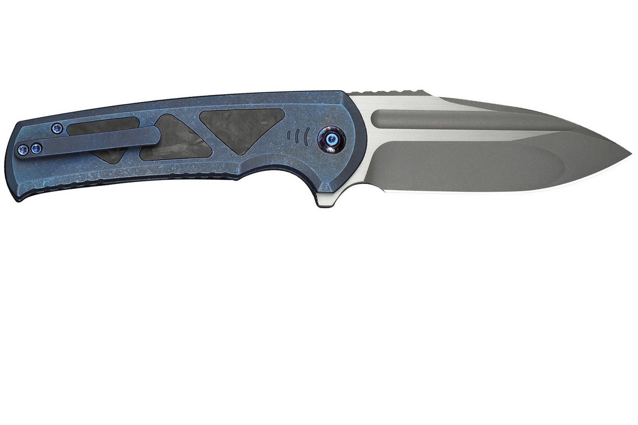 WE Knife Sylox WE24027-2 Gray Stonewashed, Blue Titanium Shredded Carbon Inlay, zakmes