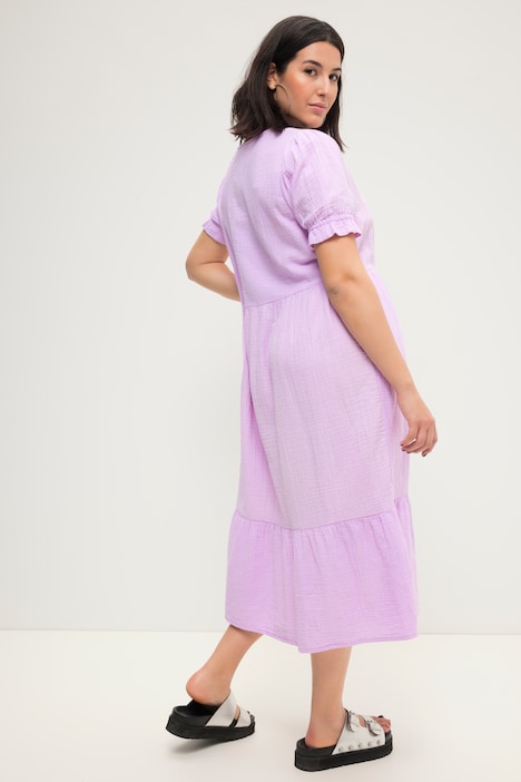 Musselin-Midikleid, A-Line, V-Ausschnitt, Halbarm