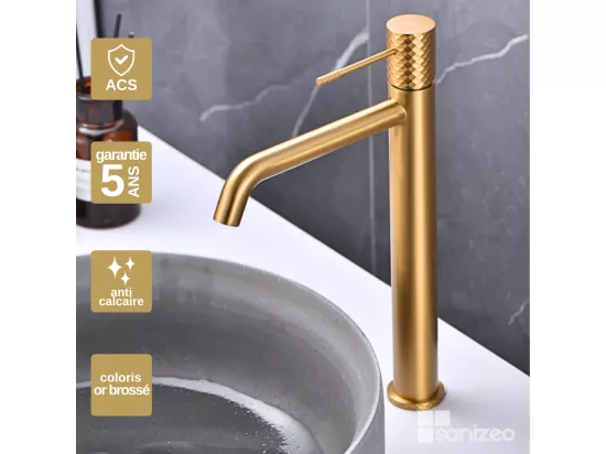 Robinet Mitigeur de Lavabo anti-calcaire Bec Haut Or Brossé IMEX GENOVA BDG053-3OC