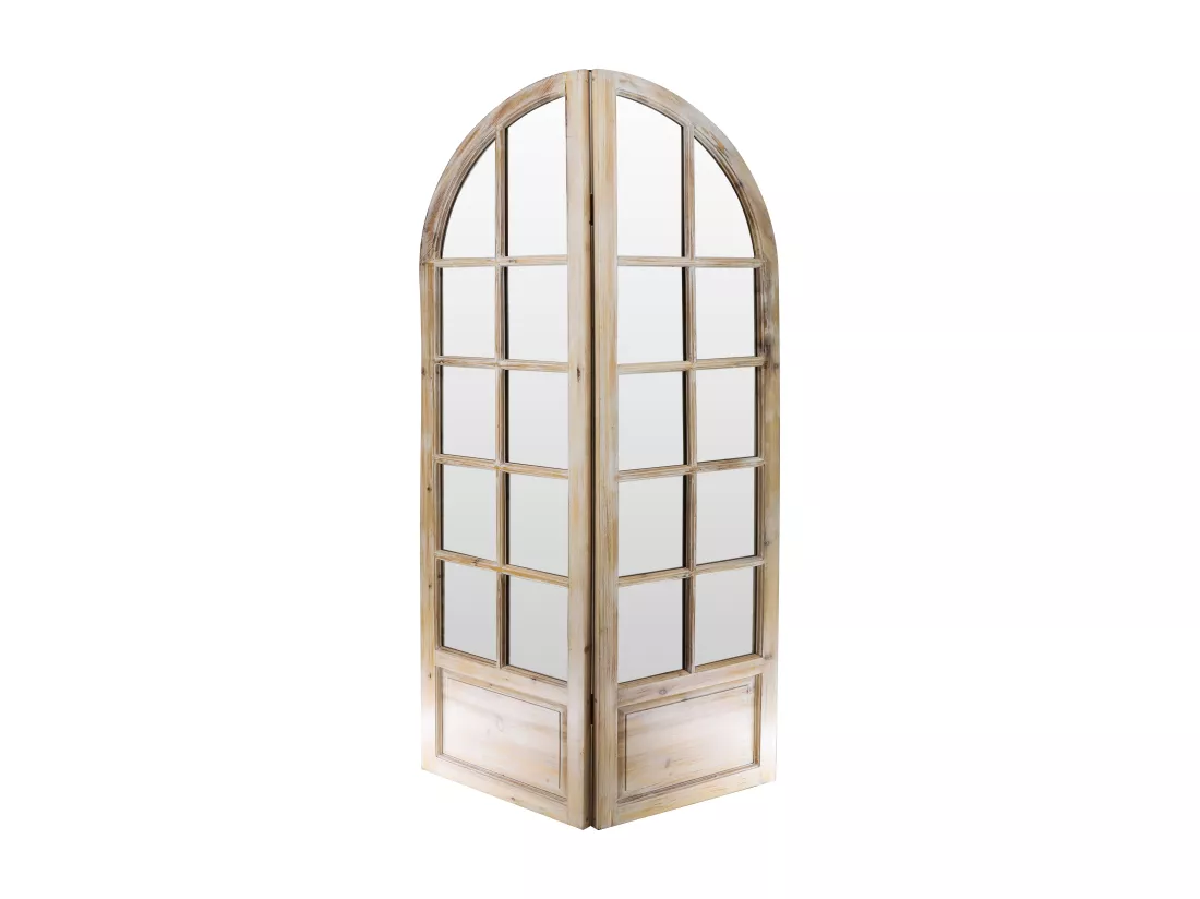 Paravent miroir en bois de pin effet patiné - 2 pans - L. 96 x H. 180 cm - Naturel - KEDIRI