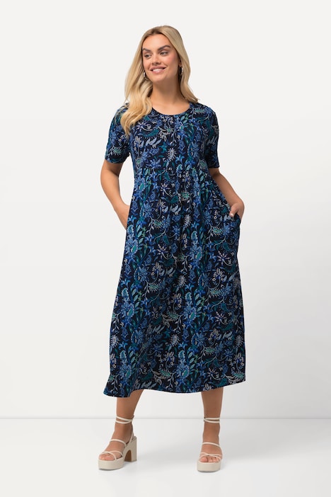 Midikleid, A-Linie, Zierfalten, Rundhals, Halbarm