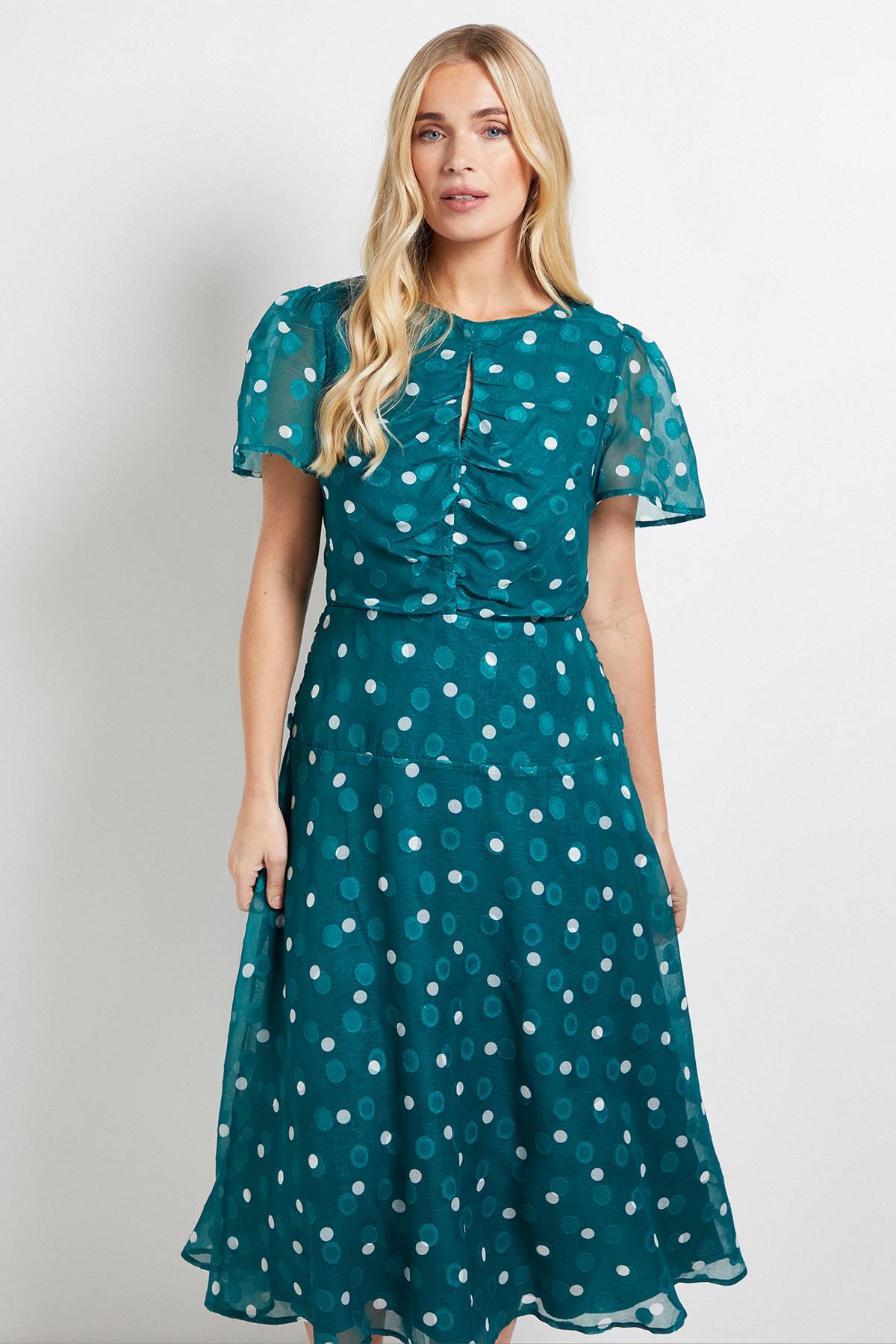 Wallis ROBE MIDI FRONCÉE PETITE TAILLE À POIS DÉVORÉS