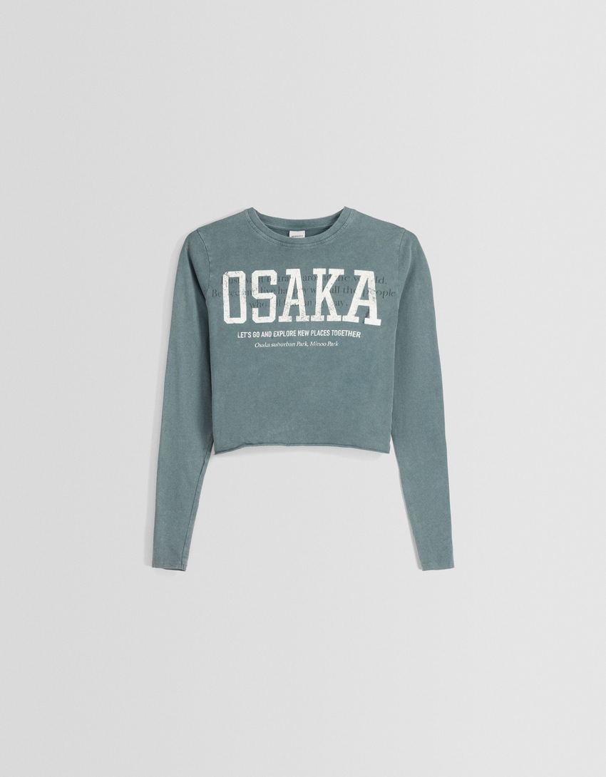 Camiseta cropped de manga comprida estampada