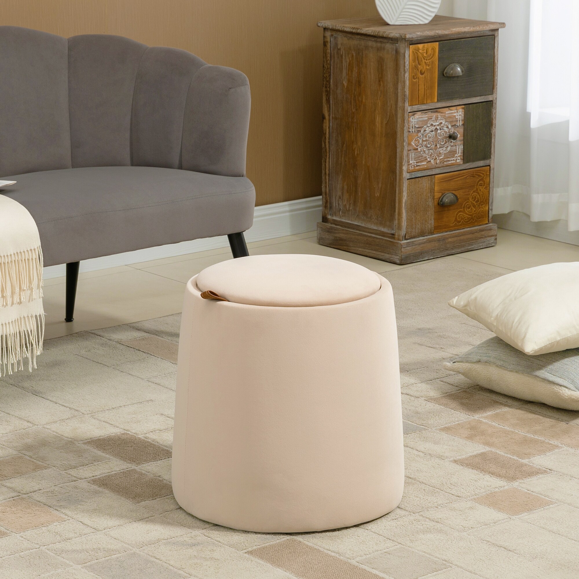 HOMCOM Aufbewahrungs-Ottomane mit Stauraum beige Ø44 x 47,5Hcm