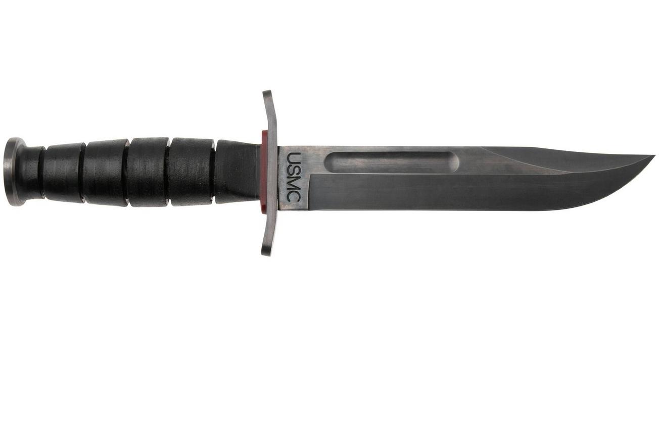 KA-BAR State & Union USMC Red Spacer SU6417, Gun Blued 1095CV, Stacked Leather, vaststaand mes