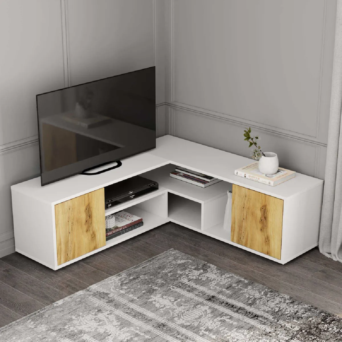 Hanah Home Meuble TV d'angle Rosa - Blanc, Chêne
