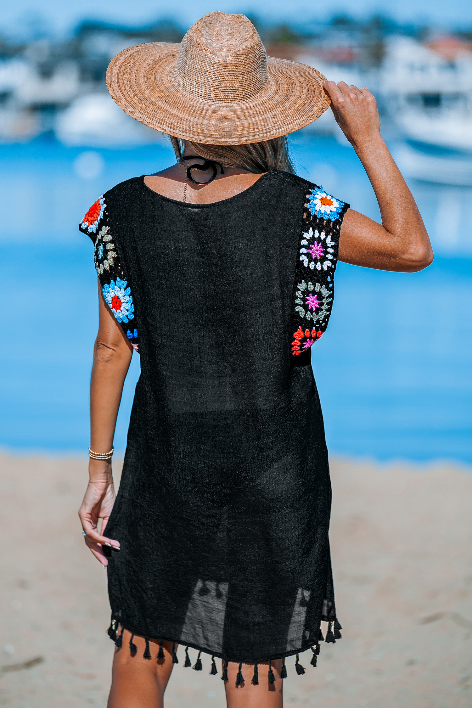 Robe cover up midi à manches en crochet noire