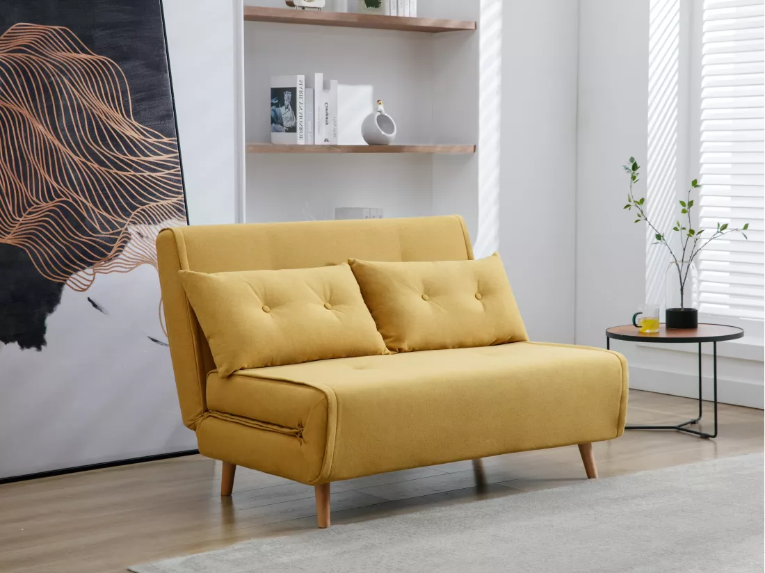 Canapé 2 places convertible en tissu jaune moutarde URIBIA